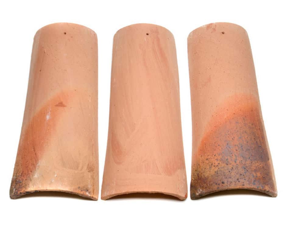 3 clay roof tiles showing the color blend and weathered finish of Apricot Flash Blend