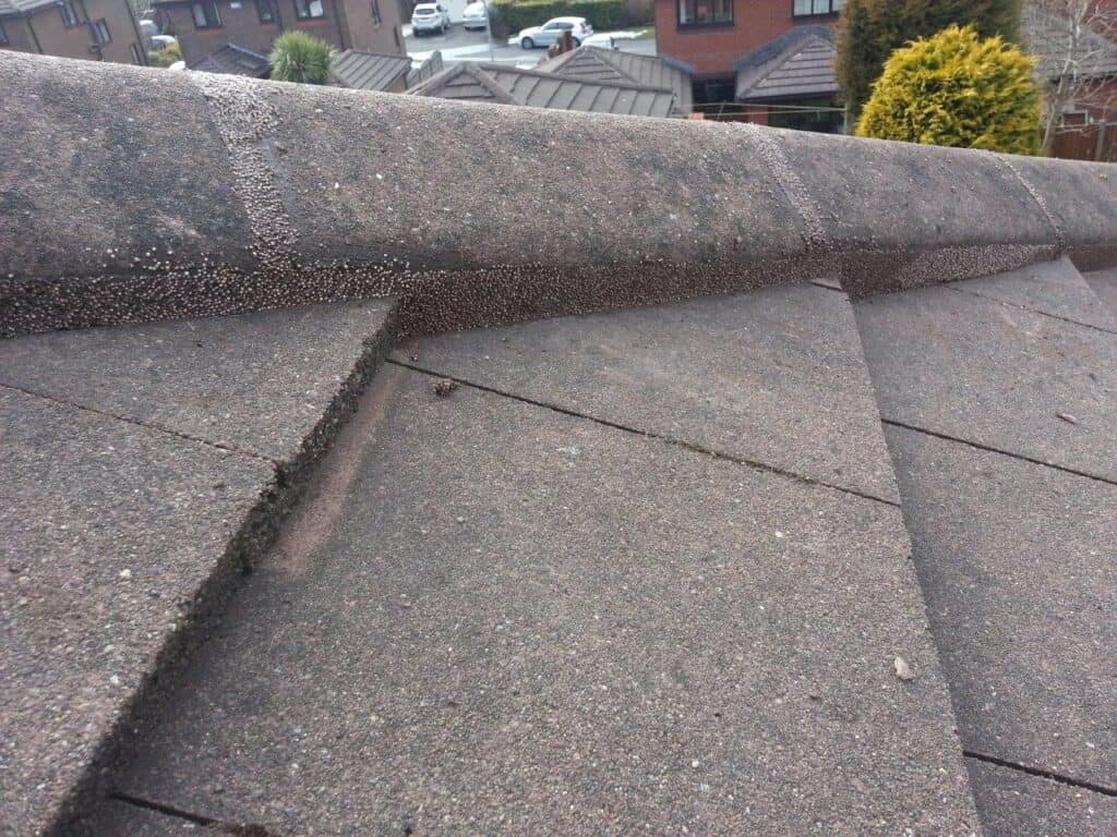 Looking Down at gray Flexim Roof Mortar used on a hip tiles. This is a really high quality Installation by Pinnacle Roofing