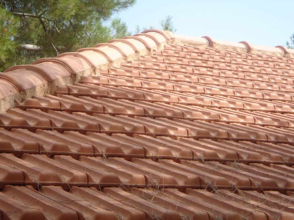 Looking up at Flexim Roof Mortar installed on Marselha Clay Roof Tile