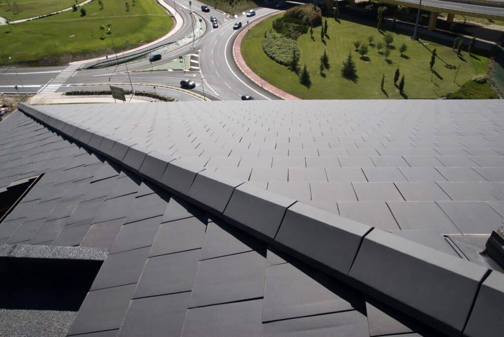 Looking down on a Plana Flat Interlocking Clay Roof and Angled Hip