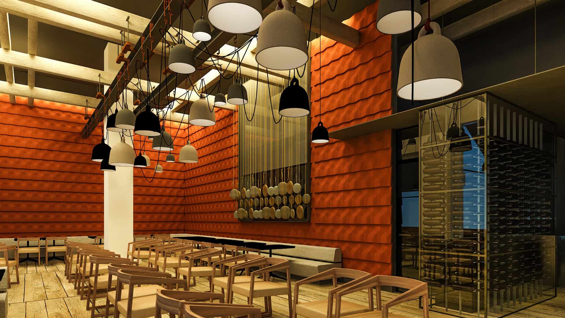 Smoke Yard Restaurant in Austin Texas using Diamant Tiles on the interior feature wall.