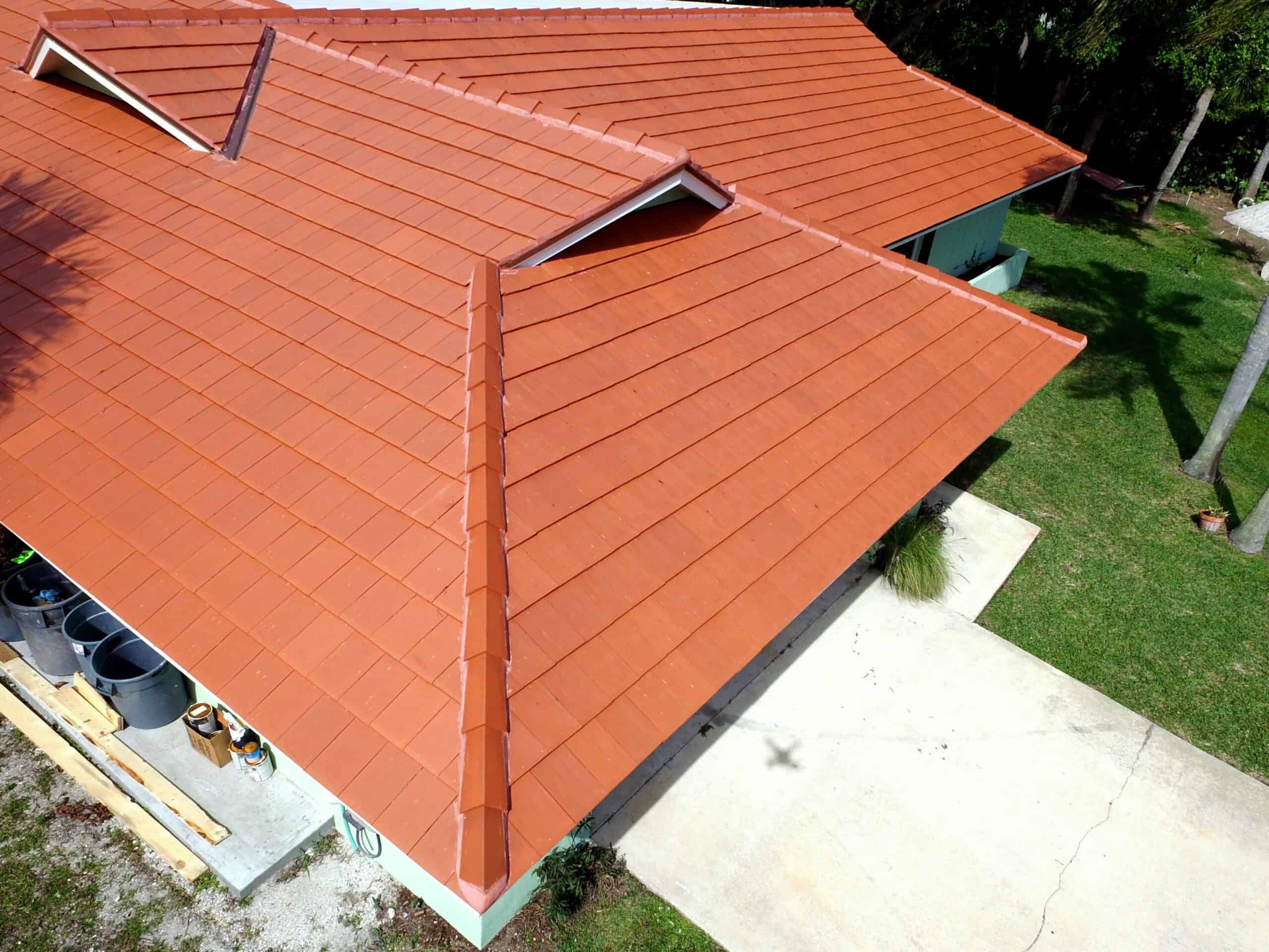 Looking Down on a Hip Roof Using Verea Flat Interlocking Clay Tile in Red