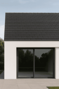 Modern minimalist home with sleek Plana flat clay roof tiles in dark grey, shown in a clean architectural close-up.