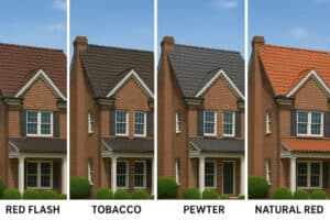 Four identical brick houses shown side-by-side, each with a different clay roof tile color—Red Flash, Tobacco, Pewter, and Natural Red—for a color comparison.